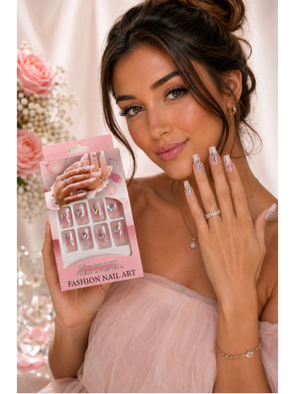Glamorous Crystal Gem Press-On Nails Pink Nude Iridescent Rhinestone NailArt Set